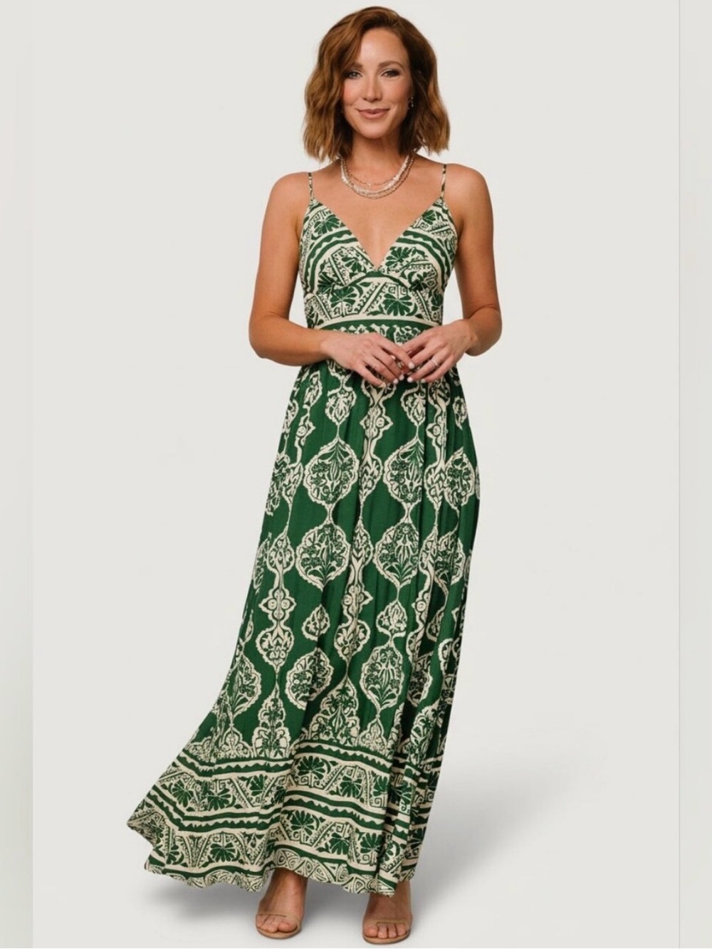 Baltic Born Green and Cream Printed Maxi Dress with V-Neck